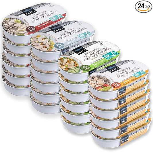 COLE’S Open & Eat Meals Variety Pack | 5.6 oz Hand-Packed Smoked Salmon & Trout with Quinoa & Vegetables | Ready to Eat Meals | High Protein - 24 pack