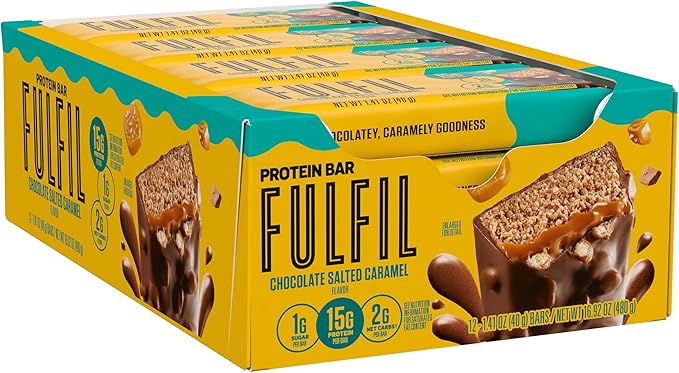 FULFIL Protein Snack Bars, Chocolate Salted Caramel Flavored, Gluten Free with 15g Protein, Pantry Staples, 12 Count