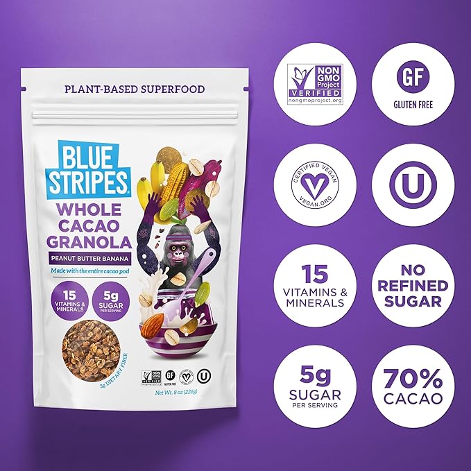 Blue Stripes Whole Cacao Granola (Peanut Butter Banana) - Gluten-Free, Low-Sugar, All-Natural, Non-GMO | No Refined Sugar | Vegan | No Artificial Ingredients | (2 Pack)
