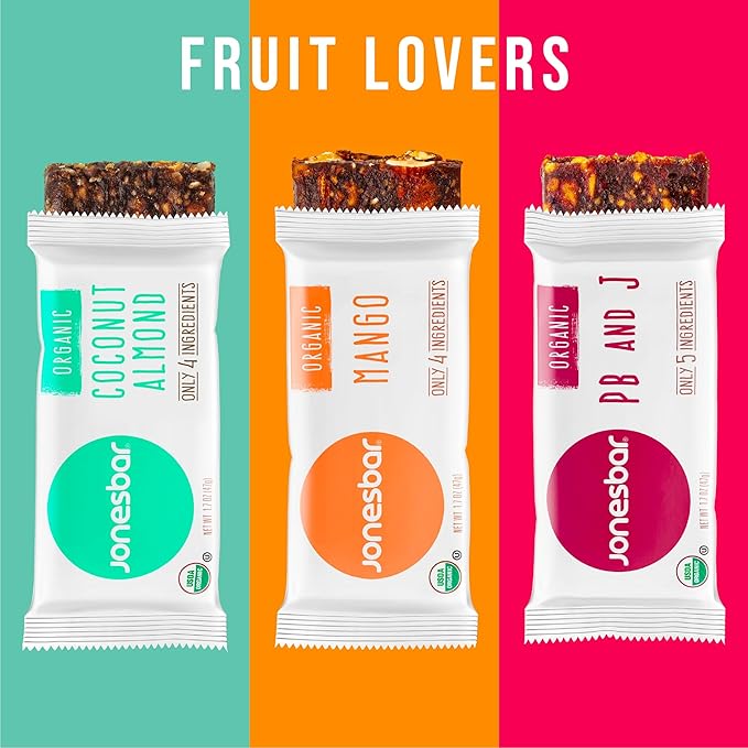 JONESBAR Fruit Lovers (12 Count (Pack of 1)), USDA Organic Fruit & Nut Bar, Non-GMO, Kosher, Vegan, Gluten Free, Simple Snack Bar