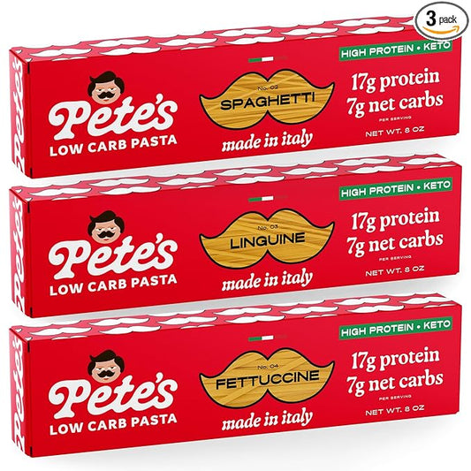 17g High Protein Variety Spaghetti, Fettuccine, Linguine Pasta | 7g Low Carb Keto Pasta | Healthy, Italian Pasta From Italy | 3-Pack, 8oz - Pete's Pasta