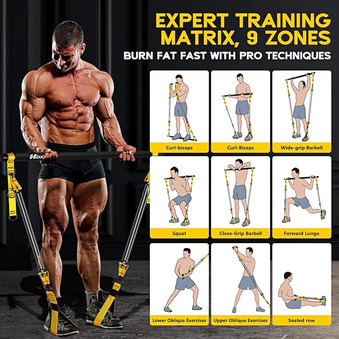 Pilates Equipment, Portable Pilates Bar Kit with Resistance Bands, Professional Adjustable Heavy Duty Squat Workout Equipment for Men, Home Gym Muscle Strength Training, Full Body Exercise