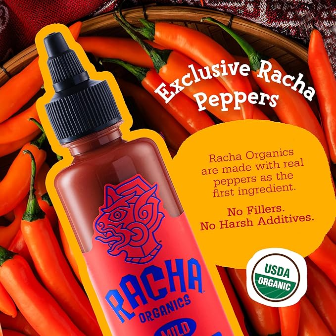 Racha Organics Mild Sriracha Hot Sauce - USDA Organic Sriracha Sauce Made with Estate-Grown Thai Chili Peppers - Low-Sugar, Non-GMO, Gluten Free, Keto Friendly - 10oz - Made in Thailand