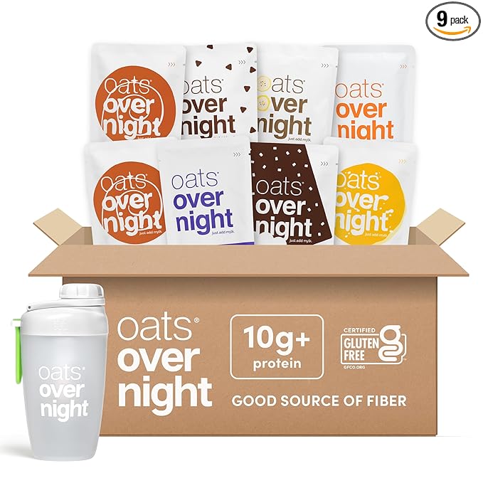 Oats Overnight Vegan Variety Pack - High Protein, High Fiber Breakfast Protein Shake - Gluten Free Oatmeal, Non GMO Protein Oatmeal - Banana Bread, Blueberry Cobbler & More (8 Pack + Shaker Bottle)