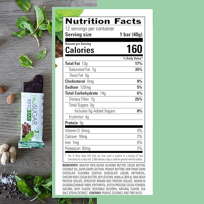 No Sugar Keto Bar Snack - Low Carb No Sugar Keto Snack Food with Keto Friendly Macros (12 x 1.41oz Bars, Chocolate Mint)