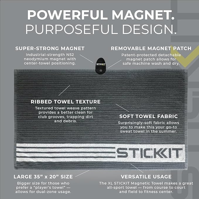 STICKIT XL Magnetic Golf Towel, Premium 35" x 20" Microfiber with Deep Waffle Pockets, Industrial Strength Magnet for Secure Hold to Golf Carts & Clubs, Ultra-Absorbent, Fast-Drying, Easy-Clean Design
