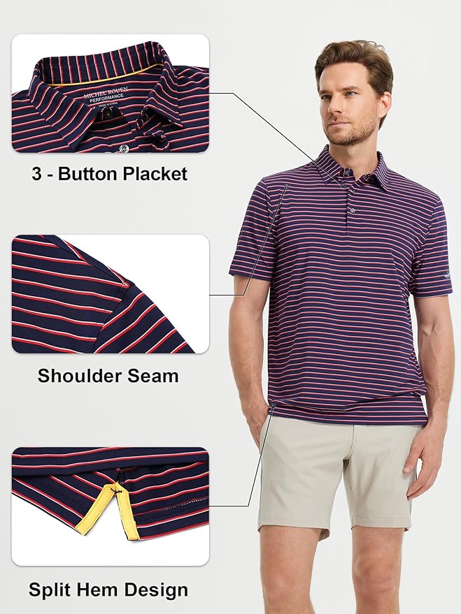 Rouen Mens Polo Shirts Short Sleeve Dry Fit Performance Moisture Wicking Causal Striped Polo Collared Golf Shirts for Men