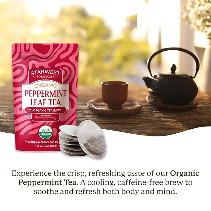 Starwest Botanicals Organic Peppermint Leaf Tea - Caffeine Free Herbal Tea, Supports Digestion, USDA Organic Peppermint Leaf, String Free Sachets, Non GMO - 20 Tea Bags