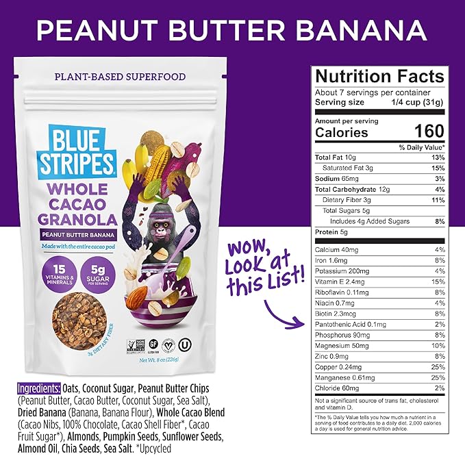 Blue Stripes Whole Cacao Granola (Peanut Butter Banana) - Gluten-Free, Low-Sugar, All-Natural, Non-GMO | No Refined Sugar | Vegan | No Artificial Ingredients | (2 Pack)