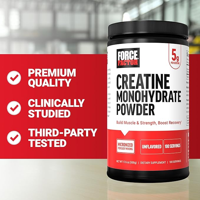 Force Factor Creatine Monohydrate Powder, 5g Micronized Dose to Support Muscle Growth, Strength, Recovery, Cognitive Health & Memory, Unflavored, 100 Servings
