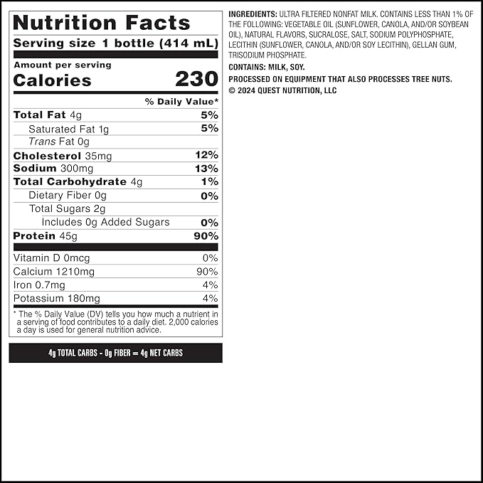 Quest Nutrition Strawberry Protein Shake, 45g Protein, 2g Sugar, 4g Net Carbs, Ready to Drink, Gluten Free, 4 Count