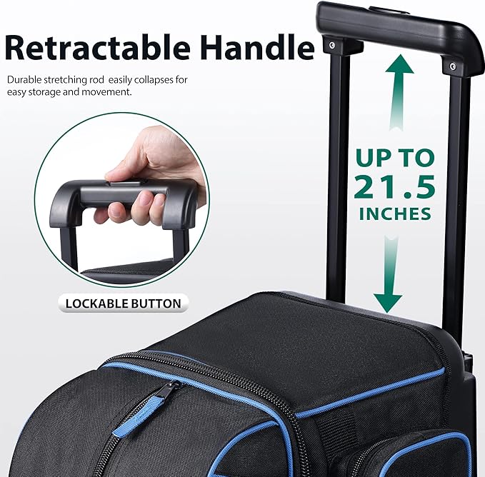 Double Roller 2 Ball Bowling Bag with Separate Shoe Compartment for Bowling Shoes (Up To US Mens Size 15) and Oversized Accessory Pocket, Retractable Handle - Extends to 40"