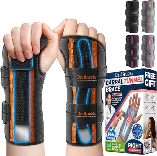 DR. BRACE Adjustable Wrist Brace Night Support for Carpal Tunnel, Doctor Developed, Upgraded with Double Splint & Therapeutic Cushion, Hand Brace For Pain Relief, Injuries, Sprains