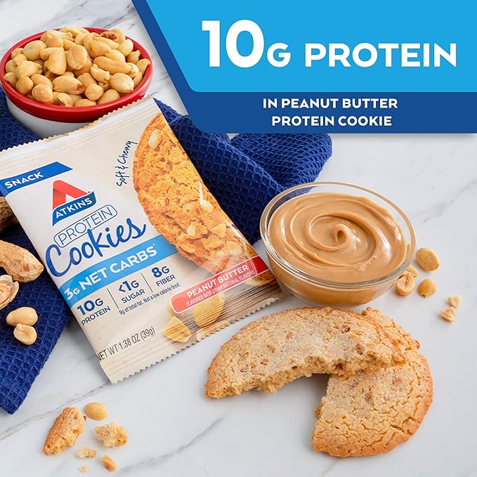 Atkins Soft Baked Energy Bars, Blueberry, 15g Protein,2g Sugar, Excellent Source & Peanut Butter Protein Cookie, Protein Dessert, Rich in Fiber, 3g Net Carb, 1g Sugar