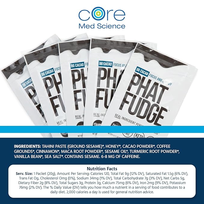 Phat Fudge, OG Cacao Butter Substitute for Energy & Performance, 12 Sachets - Real Ingredient Performance Food Made with Organic Tahini, Honey & Cacao Powder for Focus - Keto Friendly & Gluten-Free