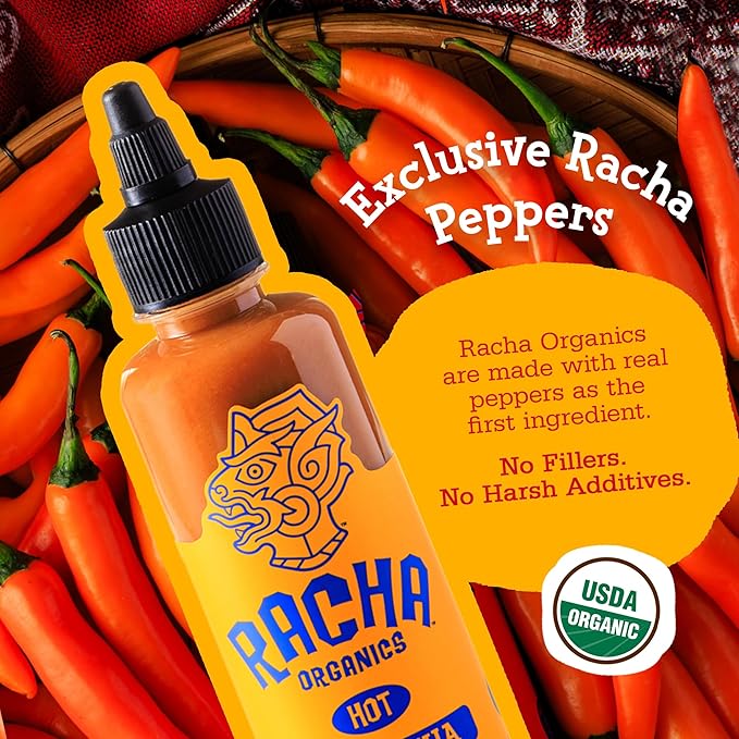 Racha Organics Sriracha Hot Sauce - USDA Organic Sriracha Sauce Made with Estate-Grown Thai Chili Peppers - Low-Sugar, Non-GMO, Gluten Free, Keto Friendly - 10oz - Made in Thailand