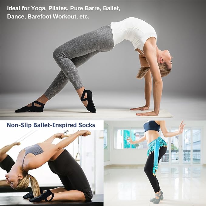 Ozaiic Yoga Socks for Women Non-Slip Grips & Straps, Ideal for Pilates, Pure Barre, Ballet, Dance, Barefoot Workout