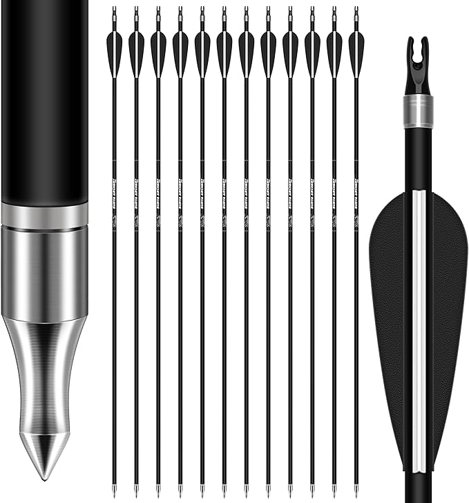 SUNYA 12-Pack 30 Inch Carbon Arrows Spine 500 or 400 for 40-60 LBS Bows｜Switch to Recurve/Compound Modes, Anti-Loose O-Ring & TPU Vanes for Hunting/Target Practice