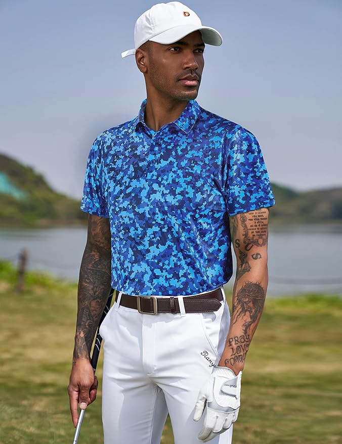 TAPULCO Mens Quick Dry Polo Shirts Camouflage Pattern Performance Athletic Lightweight Breathable Casual Golf Tshirts