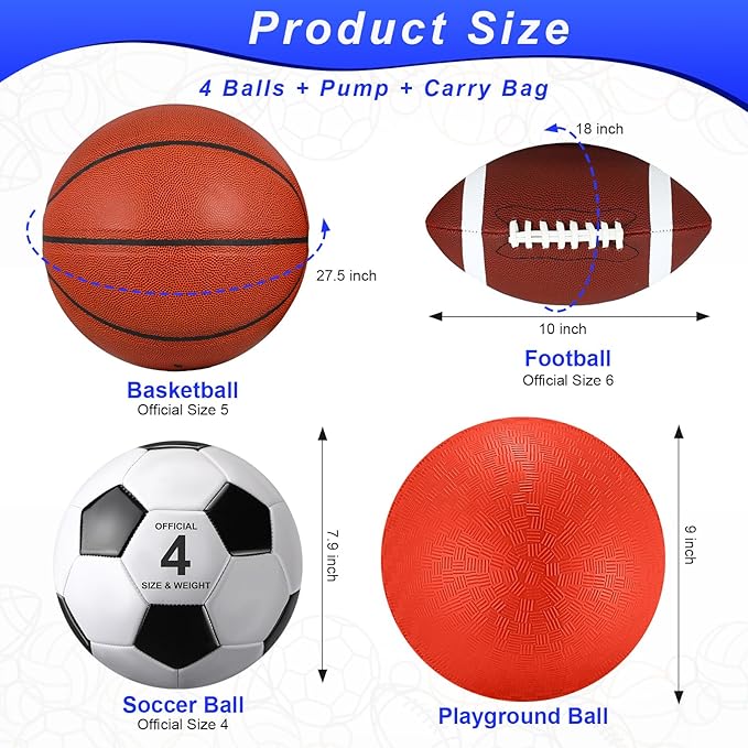 Deekin 4 Pcs Sport Balls Set for Kids Teens, Include Official Size 5 Basketball 4 Soccer 6 Football Playground Ball and Pump Sports Equipment Bag Recess Equipment Sport for Students(Normal Color)
