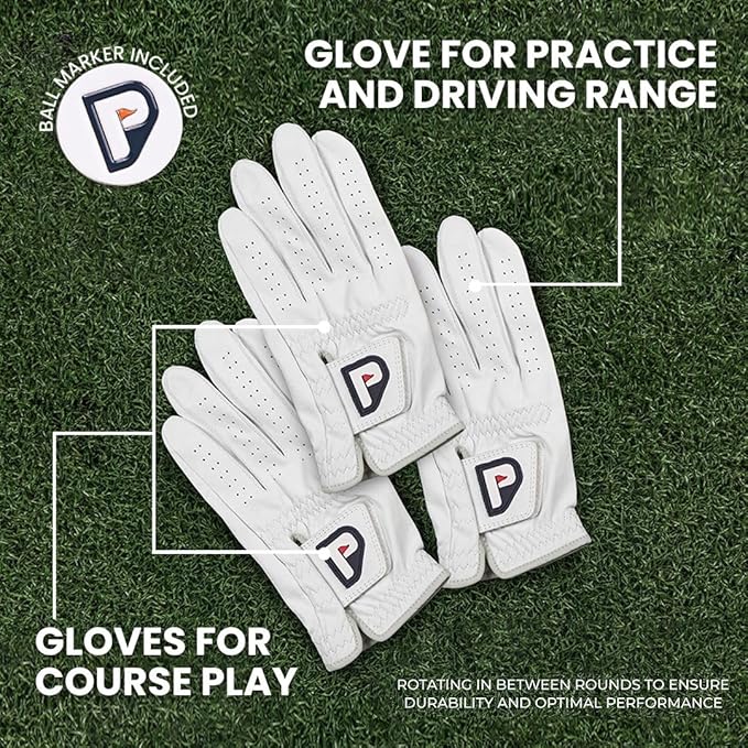 PUR3 3 Pack Golf Gloves Men Right Handed & Left Handed Golfer | Premium Cabretta Leather - Super Soft Feel - Men's Golf Glove with Ball Marker