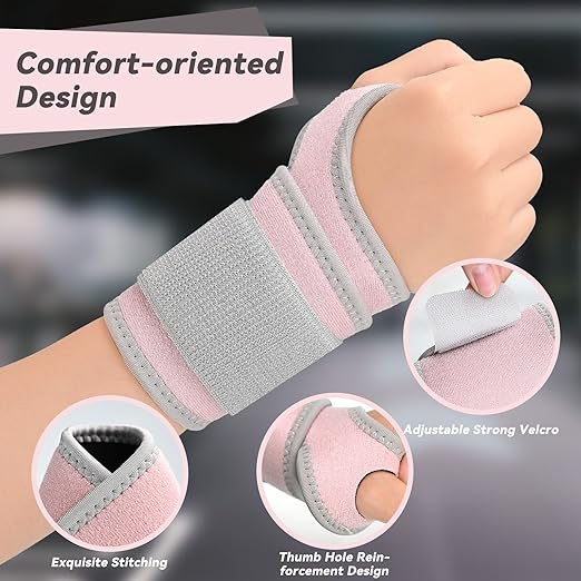Carpal Tunnel Wrist Brace for Right Left Hand 2 Pairs, Wrist Support Wraps for Women Men, Adjustable Wrist Brace for Tendonitis, Arthritis, Weightlifting, Sports, Day Night Support, Pink&Black