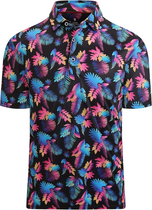 Esabel.C Golf Shirts for Men Dry Fit Performance Short Sleeve Print Moisture Wicking Collared Shirt