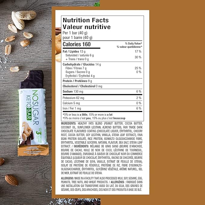 No Sugar Keto Bar Snack - Low Carb No Sugar Keto Snack Food with Keto Friendly Macros (24 x 1.41oz Bars, Peanut Butter)