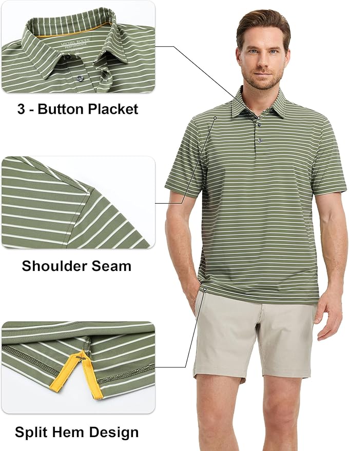 Rouen Mens Polo Shirts Short Sleeve Dry Fit Performance Moisture Wicking Causal Striped Polo Collared Golf Shirts for Men