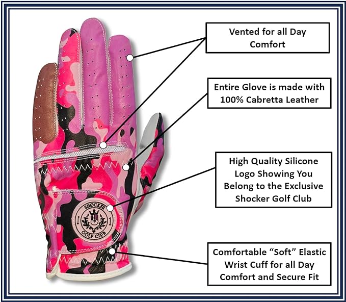 Shocker Camo Golf Glove Men's - Premium Cabretta100% Leather, Durable Grip, White and Camo, Adult Men's Golf Gloves, Funny Gag Gift, Left & Right Handed, Small to XXL Sizes
