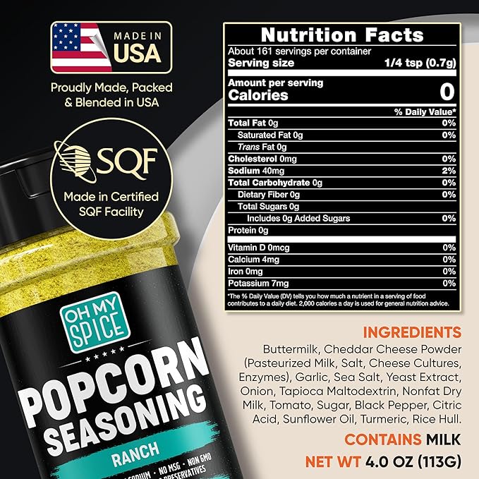 Popcorn Seasoning Ranch Seasoning Powder Mix - Gluten Free & Low Sodium Popcorn Flavoring Seasonings Ranch Powder Flavor. Healthy Movie Theater Dry Pop Corn Toppings. Pop Corn Salt Seasonings. 4oz