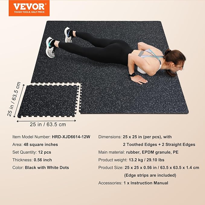 VEVOR 0.56 Inch Thick Gym Floor Mats, 12 Tiles Rubber Top with EVA Foam, 25" x 25" Gym Flooring Workout Mat with 48 sq.ft Coverage, Interlocking Puzzle Mats for Gym, Home, Garage, Black & White