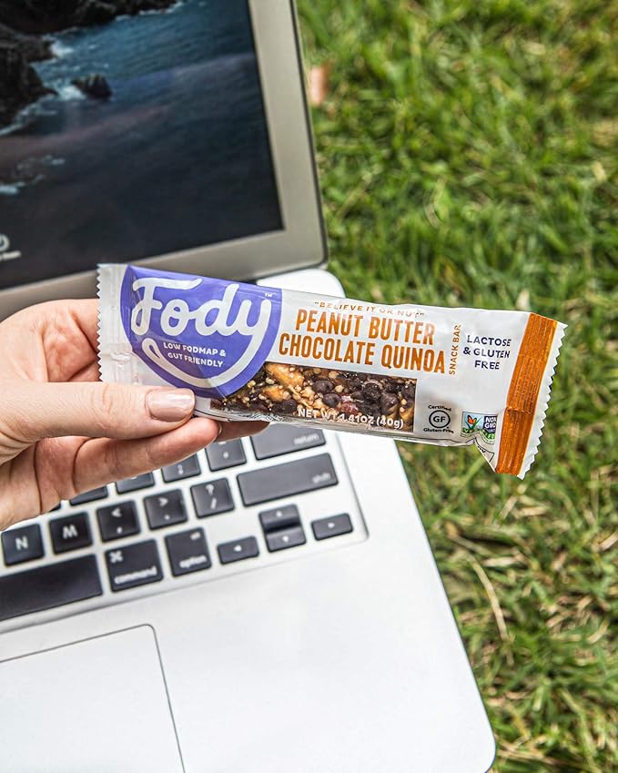 Fody Foods Snack Bars, Peanut Butter Chocolate Quinoa, 1.41 Oz (Pack of 12), 6g Protein, Low FODMAP, Gut & IBS Friendly, Vegan, Lactose Free, Non-GMO, Gluten Free