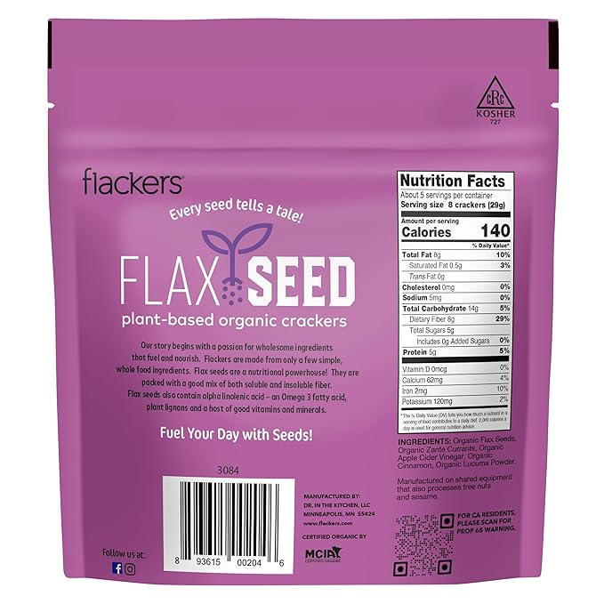 Flackers Organic Flax Seed Crackers Cinnamon & Currants, 5 Ounce 1 Pack, Gluten Free, Non GMO, Vegan, Naturally Sweet