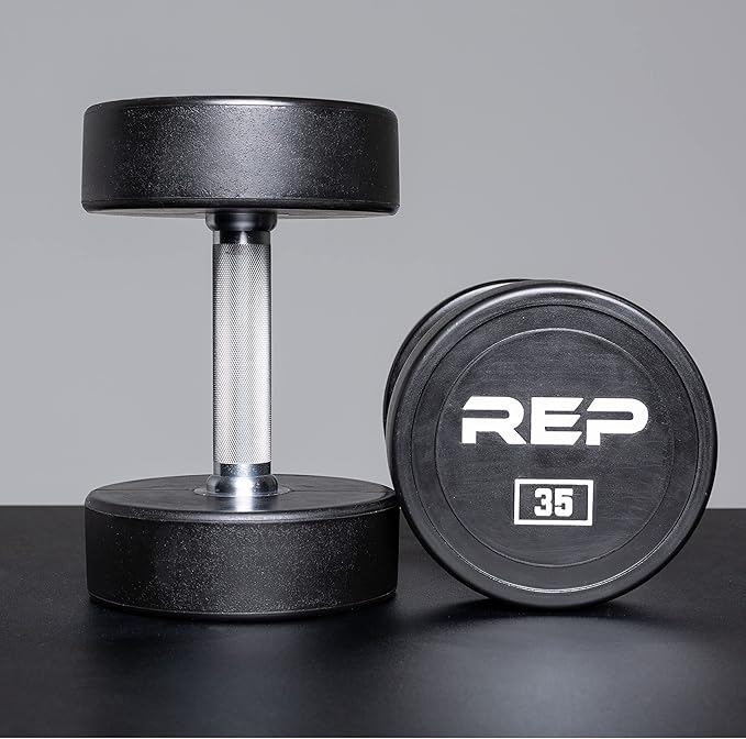 REP Fitness Urethane Coated Round Dumbbells, 5 to 100 lbs, Singles or Pairs, With or Without Rack, Steel Core, Rubber Encased, Chrome Handles, Professional Weights for Home Gym Strength Training
