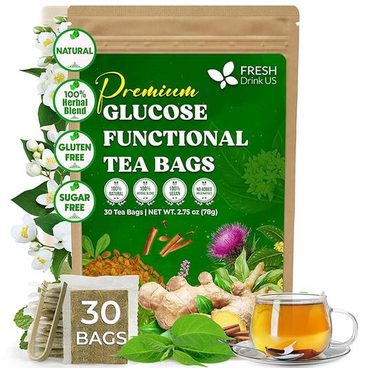 FreshDrinkUS, Premium 30 Tea Bags Glucose Functional Tea – Herbal Blend with Gymnema, Cinnamon, Bitter Melon, Tulsi & More –– Caffeine-Free. Sugar-Free. Gluten-Free. Vegan