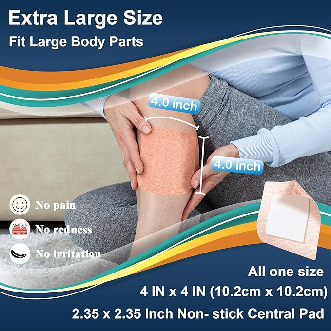 Silicone Adhesive Bandages Extra Large Sizes for Sensitive Fragile Skin 4"x4" 15 Count Flexible Fabric Latex Free Hypoallergenic Breathable XL Bandages for Adhesive Allergy Wounds