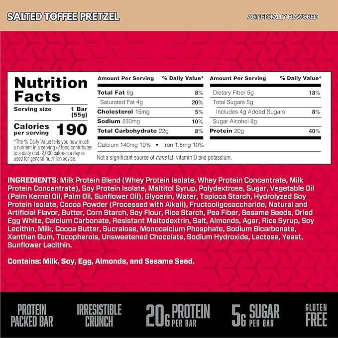 BSN Protein Crisp Bar, Salted Toffee Pretzel, 20 Gram Protein Snack Bars with Whey and Fiber, Gluten-Free Crunchy Energy Bars for Workout, Fitness, On-the-Go, 12 Count