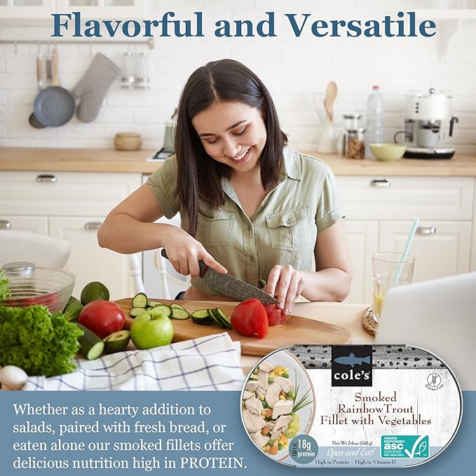 COLE’S - Smoked Rainbow Trout Fillet with Vegetables | Ready to Eat Meal | 5.6 oz Hand-Packed Canned Fish | 18g Protein | High in Vitamin D | 12 pack