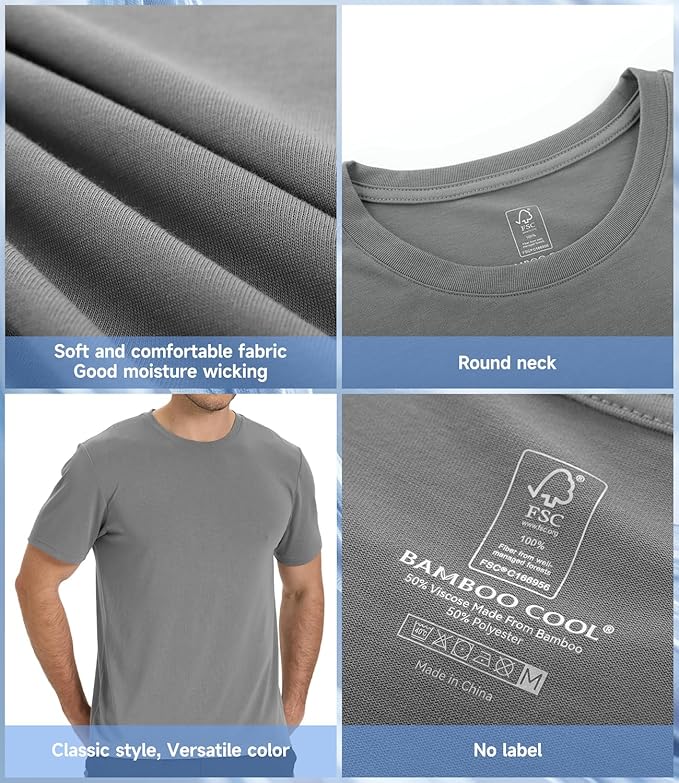 BAMBOO COOL Men's Crewneck T-Shirts Short Sleeve Heavy Weight Tees Athletic Casual Basic T Shirt