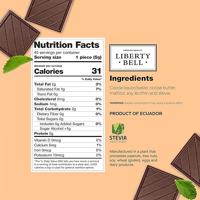 Zero Sugar Dark Chocolate Squares 72% Cocoa, Vegan, Gluten-Free, Stevia Sweetened Candy Bars, 45 Count