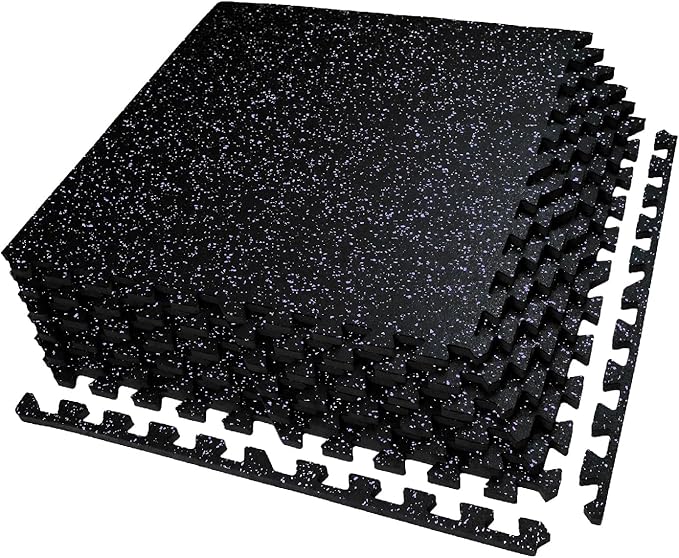 0.56in Thick 24 Sq Ft Exercise Equipment Mats, 6 Tiles Upgraded Rubber Top with High Density EVA Foam, Large Interlocking Puzzle Gym Flooring for Home Gym, Heavy Weight Workout, Black & Purple