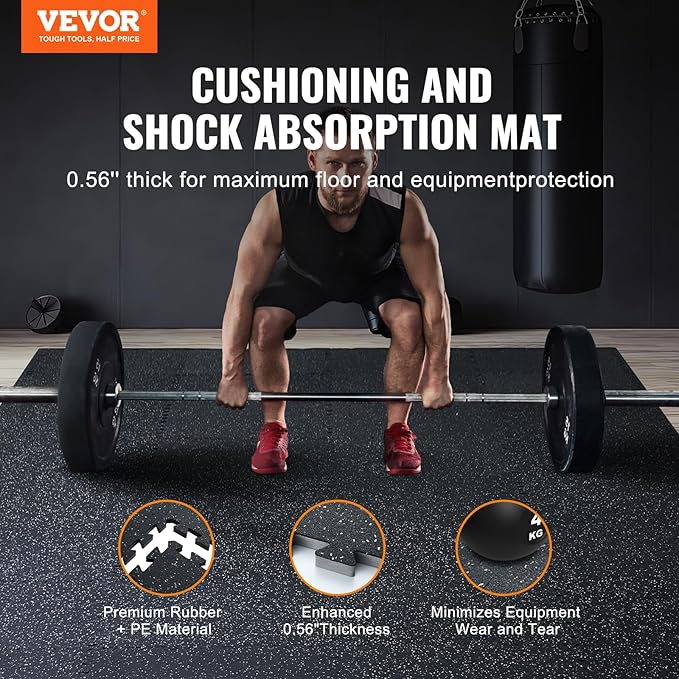 VEVOR 0.56 Inch Thick Gym Floor Mats, 25 Tiles Rubber Top with EVA Foam, 25" x 25" Gym Flooring Workout Mat with 100sq.ft Coverage, Interlocking Puzzle Mats for Home, Garage, Black & White