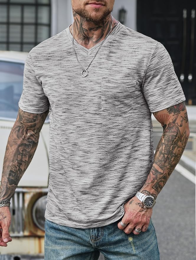 Men's V Neck T Shirts Casual Stylish Fitted Stretch Tee Shirt with Pocket (S-3XL)