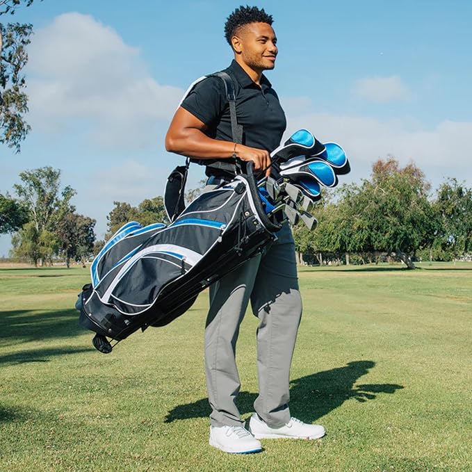 18 Piece Complete Men’s Golf Club Set with Titanium Driver, #3 & #5 Fairway Woods, #4 Hybrid, 5-SW Irons, Putter, Stand Bag, 4 H/C's, Men’s Golf Clubs Full Set Right Handed