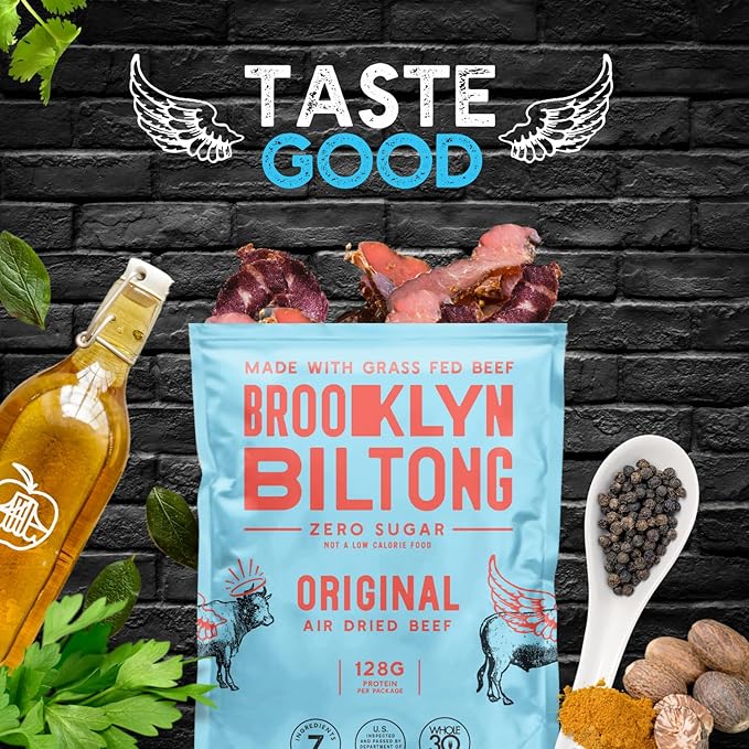 Brooklyn Biltong Air Dried Grass Fed Beef Snack, South African Beef Jerky (2 oz, Pack of 8)- Whole30 Approved, Paleo, Keto, Gluten Free, Sugar Free, Made in USA - (Original)