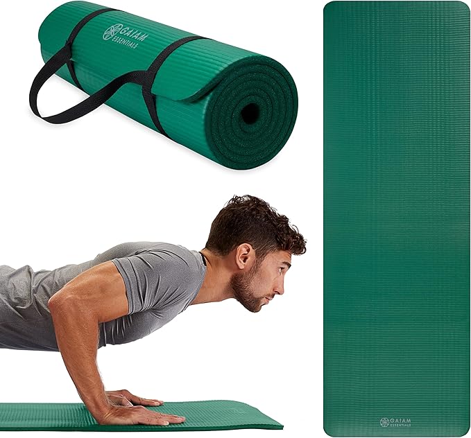 Gaiam Essentials Thick Yoga Mat Fitness & Exercise Mat with Easy-Cinch Yoga Mat Carrier Strap, 72"L x 24"W x 2/5 Inch Thick
