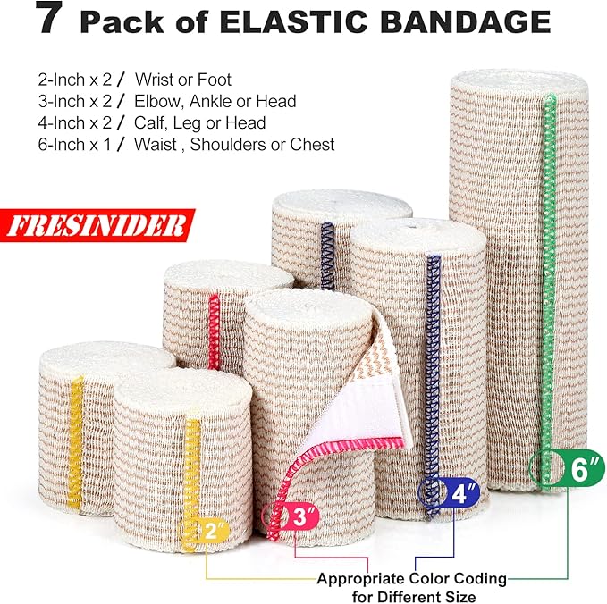 Premium Elastic Bandage Wrap (7pack) Self Adhesive Cotton Latex Free Compression Bandage Wrap with Touch Closure at Both Ends, Support & First Aid for Sports, Medical, and Injury Recovery