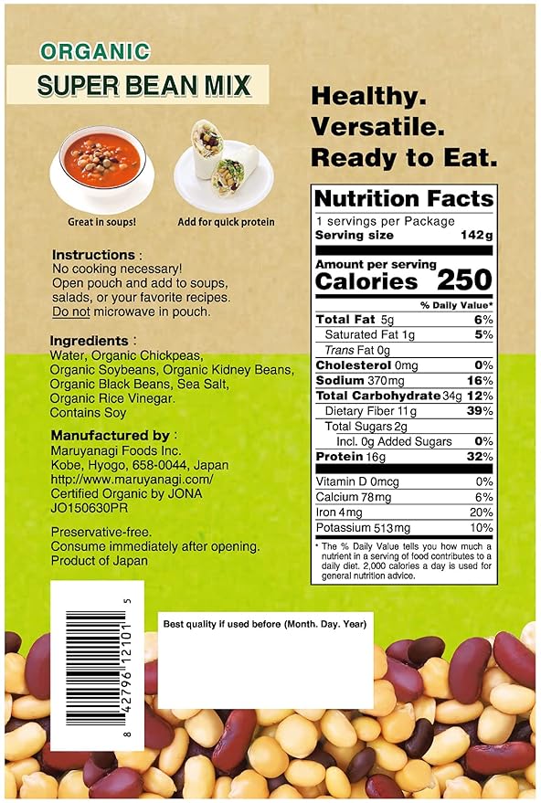 【Eat More Beans】Organic Fully Cooked Super Bean Mix, steamed bean, healthy salad toppings, plant-based protein, vegan, organic, non-GMO, Edamame, Chickpeas, Black Beans, Kidney Beans (5oz, 6packs)