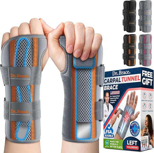 DR. BRACE Adjustable Wrist Brace Night Support for Carpal Tunnel, Doctor Developed, Upgraded with Double Splint & Therapeutic Cushion, Hand Brace For Pain Relief, Injuries, Sprains